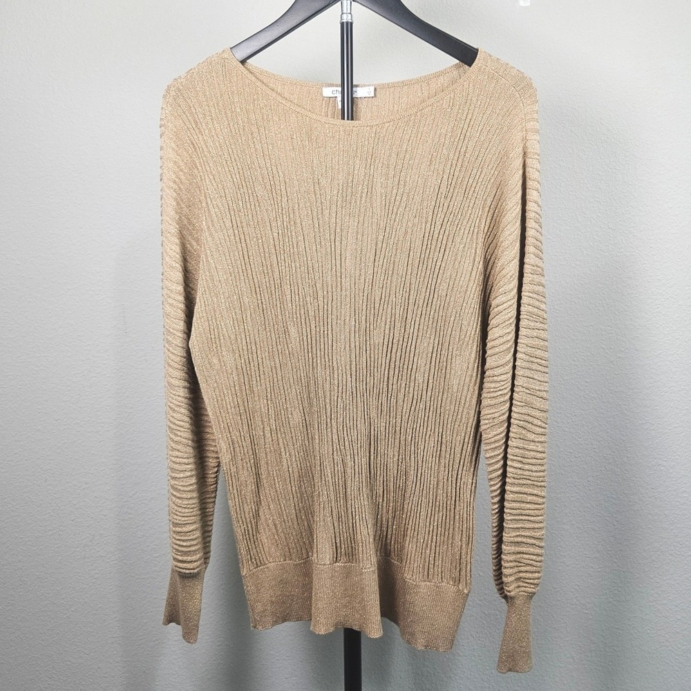 Chico's Sweater Women 1 M Gold Metallic Ribbed‎ Knit Long Sleeve Elegant Chic